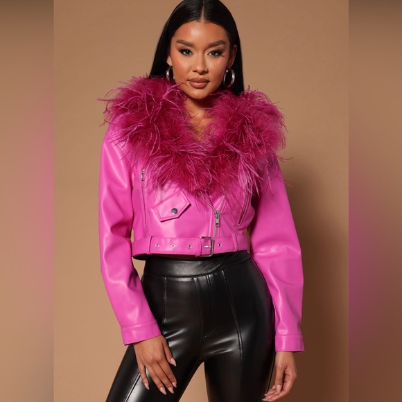 Luxe Living Pink Feather Moto Jacket - Size Large - Picture 1 of 7